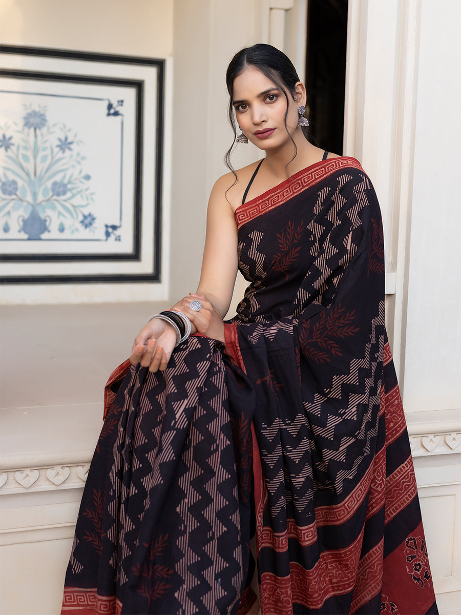 Gravel Chevron Ajrakh Cotton Saree – Ragavi